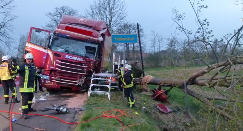 Lkw-Fahrer nach Kollision mit Baum schwer verletzt