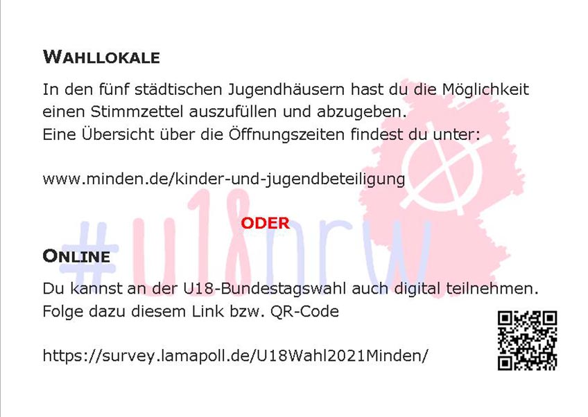In diesem Jahr beteiligt sich das Jugendamt der Stadt Minden wieder an der U18-Wahl. So wird auch den Mindener Kindern und Jugendlichen unter 18 Jahren die M&ouml;glichkeit gegeben sich einzubringen.