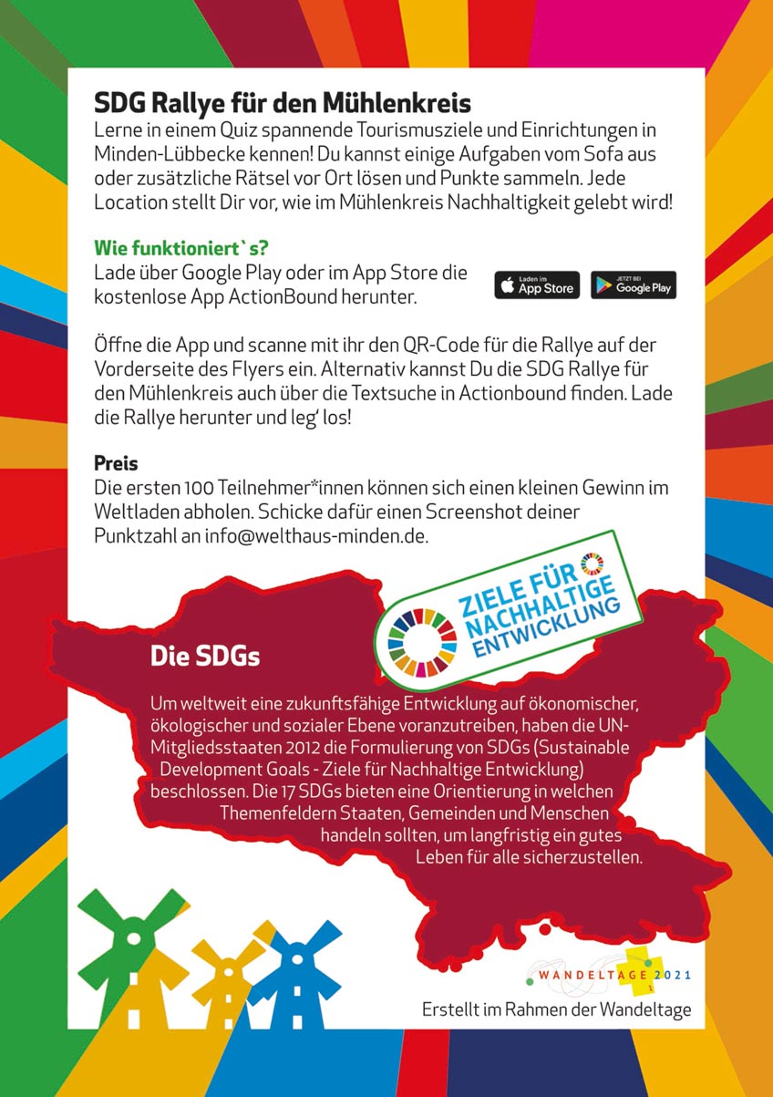 Im Rahmen der diesj&auml;hrigen Wandeltage ist eine spannende und informative Erlebnis-Rallye zu den 17 globalen Zielen f&uuml;r nachhaltige Entwicklung (Sustainable Development Goals - SDG&rsquo;s) f&uuml;r den M&uuml;hlenkreis entstanden.